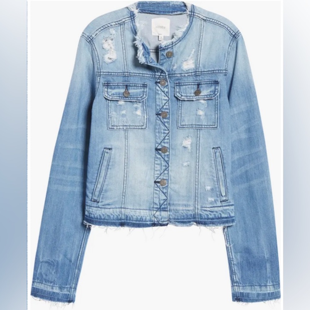 HIDDEN Women’s Frayed Edge Denim Jacket Distressed Light Wash Size S New NWT
